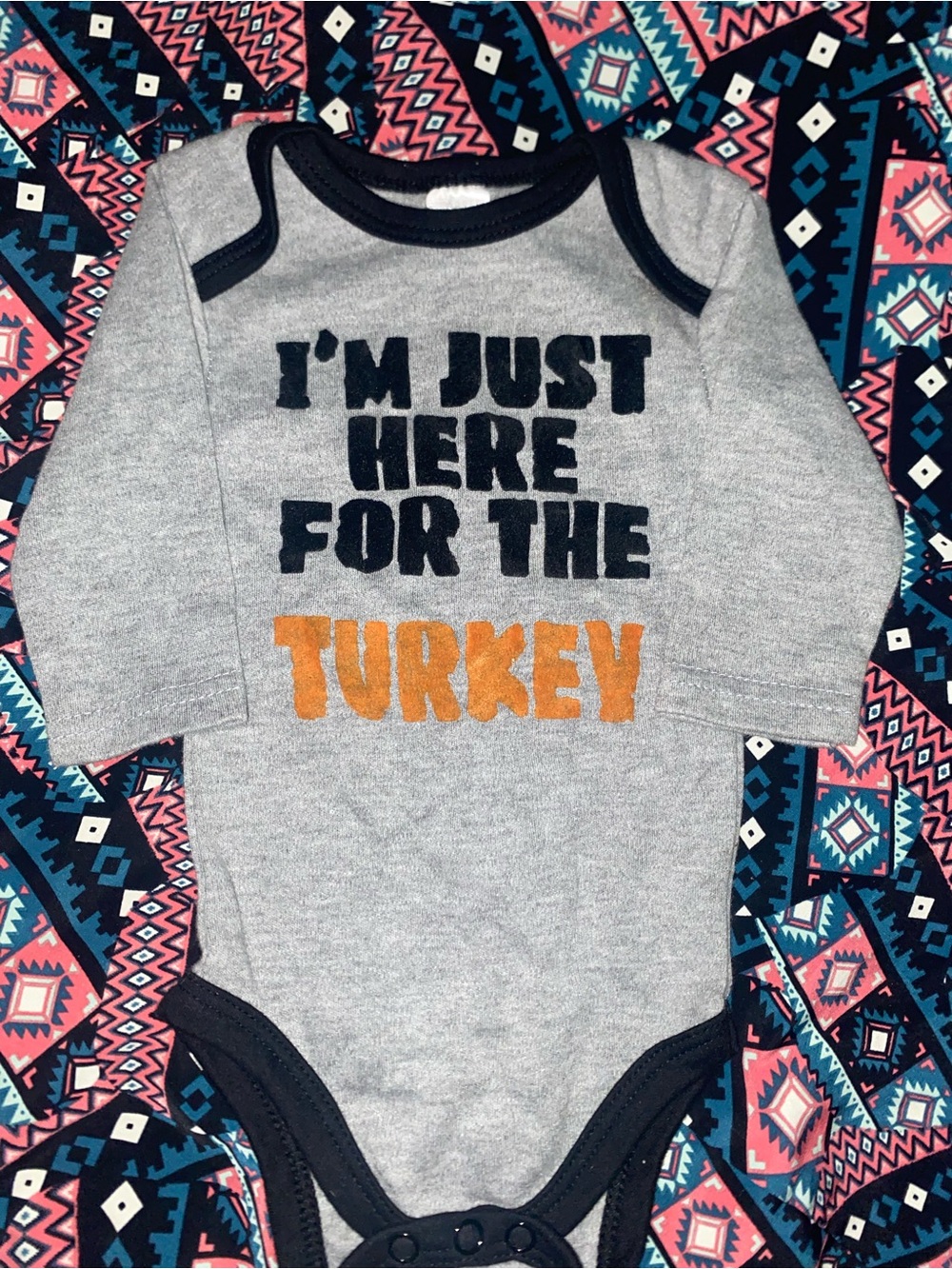 Grey Long-Sleeve Baby Bodysuit with Orange 'Turkey' Print